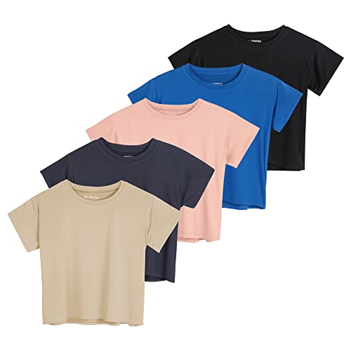 5 Pack: Women's Dry Fit Crop Top - Short Sleeve Crew Neck Stretch Athletic Tee (Available in Plus Size) - Regular Size - Small - Set 8