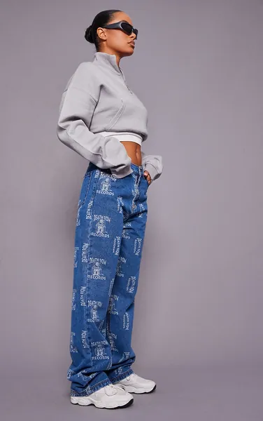  Mid Blue Wash Deathrow Records Graphic Printed Wide Leg Jeans