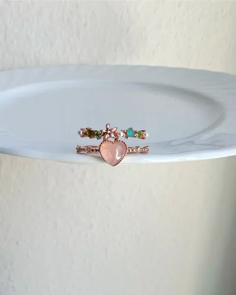 Flower Pink Heart Ring, Pink Gemstone Ring, Adjustable Ring, 14K Gold Plated, Sweet Heart Ring Boho Jewelry, Minimalist Petite Ring