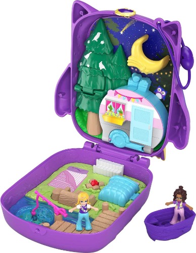 Polly Pocket Pocket World Owlnite Campsite Compact with Fun Reveals, Micro Polly and Shani Dolls, Boat and Sticker Sheet for Ages 4 and Up [Amazon Exclusive]