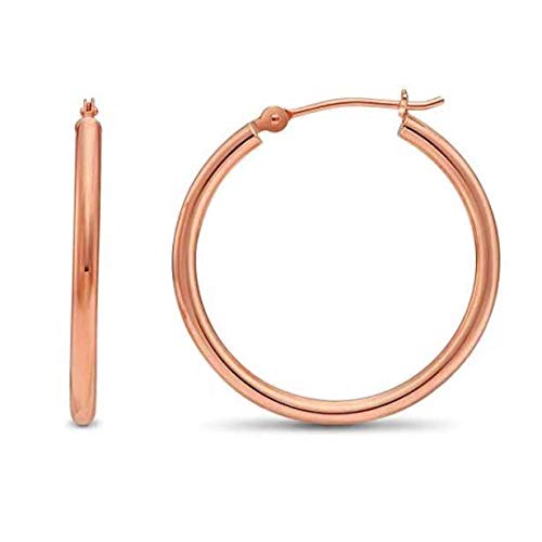 14K Rose Gold Classic Shiny Polished Round Hoop Earrings, 2mm tube