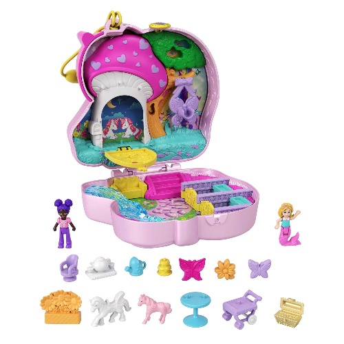Polly Pocket Unicorn Forest Compact Tea Party-Themed Playset with Glitter Horn, 2 Micro Dolls & 13 Accessories, Toy Gift for Ages 4 Years Old & Up