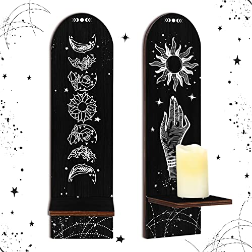 Set of 2 Boho Candle Holder Stand, Wooden Sconces Wall Decor Magical Boho Hand Floral Moon Phase Sign Rustic Spooky Gothic Candle Holder for Home