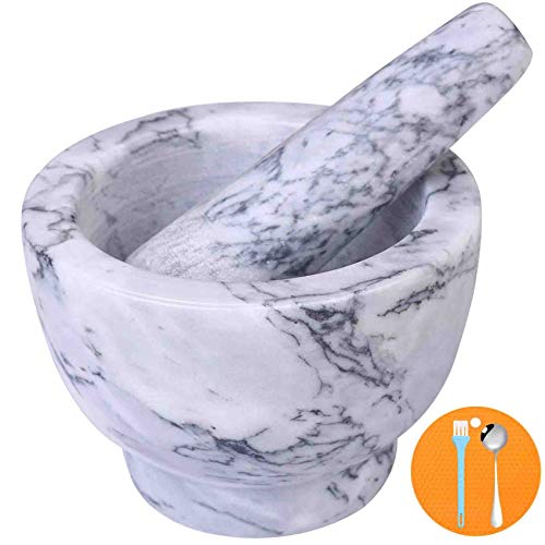 Mortar and Pestle Set, Guacamole Bowl Polished Natural Marble Stone, Grinder and Crusher, with Silicone Mat & Spoon-300ML (Light White Gray) - Medium - Light White Gray