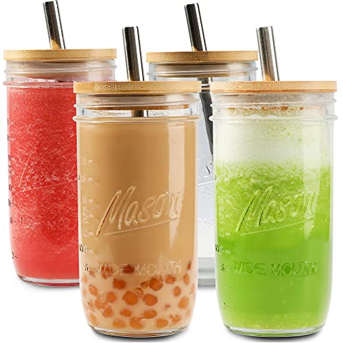 MASON 4 Pack Reusable Boba Tea Cups, Glass Jars 24oz Wide Mouth Smoothie Cups with Bamboo Lids and Silver Straws, for Drinking Bubble Tea and Iced Coffee Travel Bottle - 24 OZ