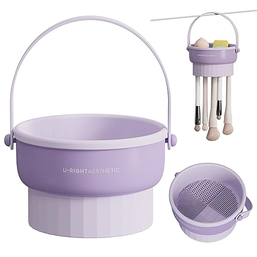 Makeup Brush Cleaning Mat 2 in 1 Silicone Makeup Brush Cleaner Bowl with Drying Holder Brush Cleaning Scrubber Tool Cosmetic Brush Cleaner with Holder for Storage Stand & Air Dry Brushes - Purple