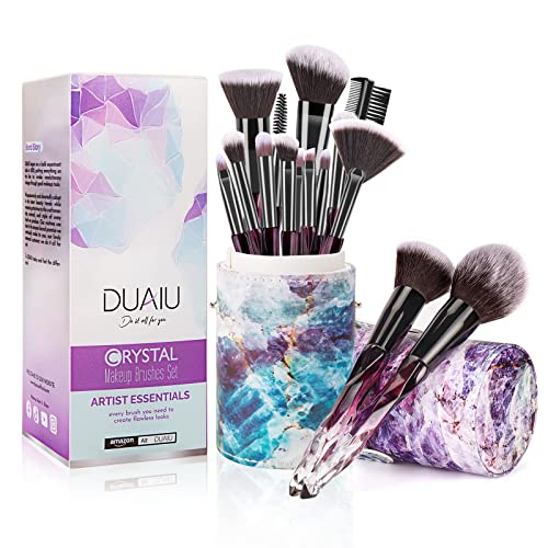 DUAIU Makeup Brushes 15pcs Premium Synthetic Bristles Crystal Handle Set Kabuki Foundation Brush Face Lip Eye Makeup Brush Sets Professional with Starry Gift Box（Purple) - Purple