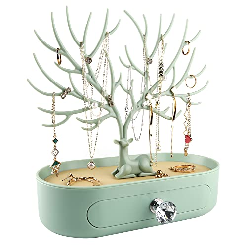MORE&LESS Antlers Jewelry Display Stand with Drawer and Crystal Handle, Tree Tower Rack Hanging Organizer for Ring Earrings Necklace Bracelet - C Matcha Green-Drawer-Crystal Handle