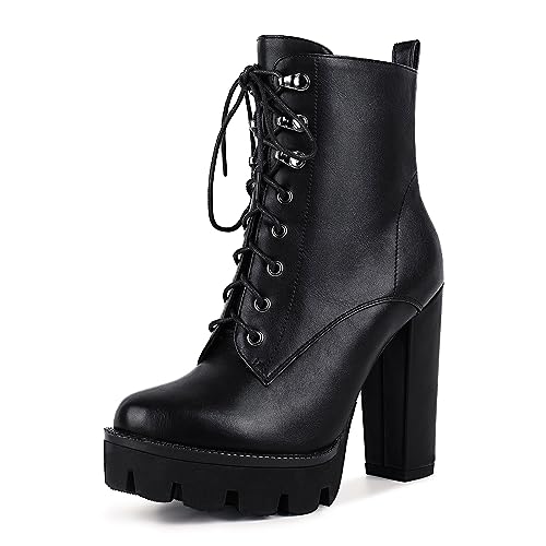 wetkiss Platform Boots for Women, Heeled Combat Boots Chunky Heel Booties Round Toe Lace Up High Heel Ankle Boots - 11 - Matte Black
