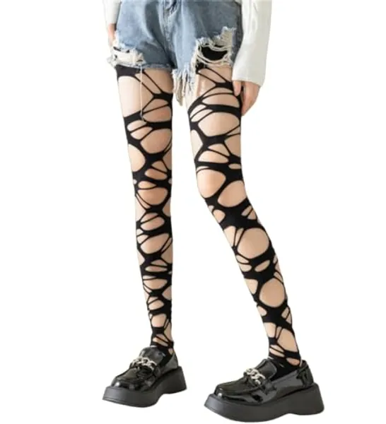 Mrotrida Women's Ripped Tights Gothic Punk Perforated Stocking Y2k Ragged Pantyhose Hosiery