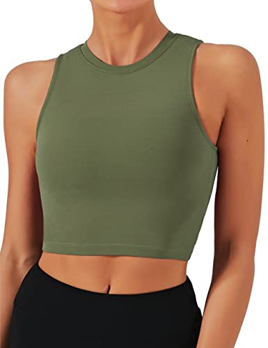 Natural Feelings Sports Bras for Women Removable Padded Yoga Tank Tops Sleeveless Fitness Workout Running Crop Tops - Grey Olive - Medium