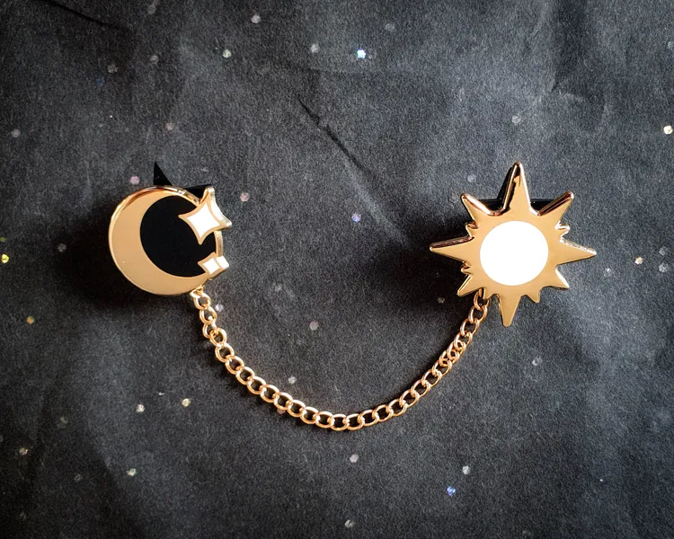 Sun And Moon Collar Pins /w Chain - The Sky -  Gold Plating - Collaboration by Astermorn and Annadrawsstuff