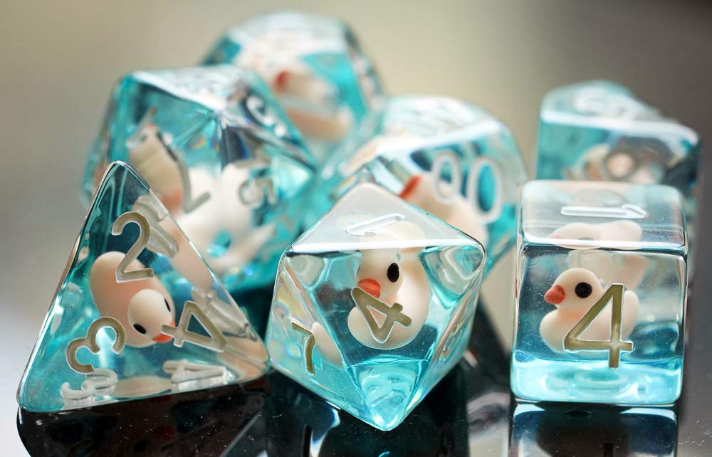 World of Dice Pen and Paper Würfel Set - Duck Edition - 7 polyedrische Pen Würfel aus Kunststoff, W20, W12, W10, W10.0, W8, W6, W4