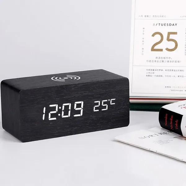 Wooden Electric Alarm Clock with Wireless Charging Pad - Black