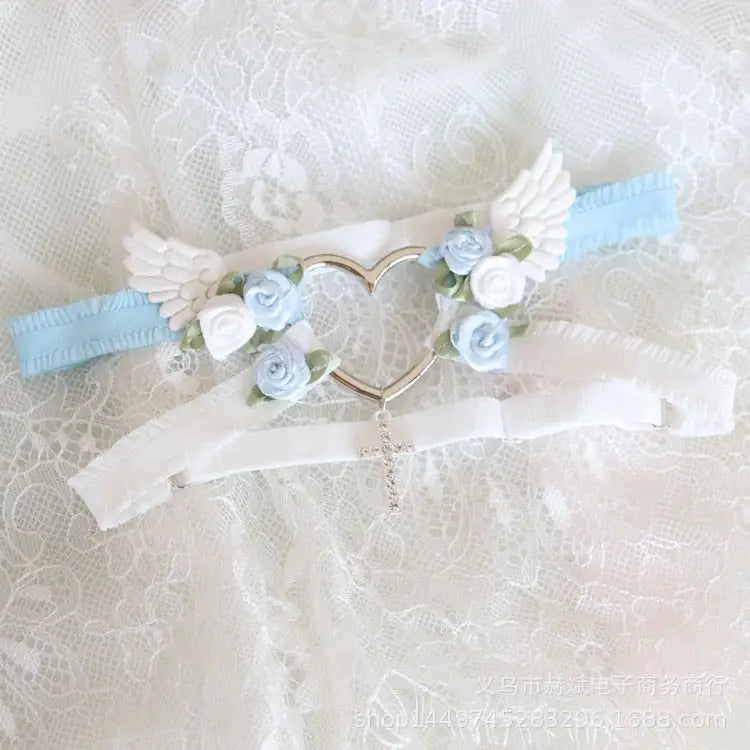 Angelic Rosebud Garter Belt for Playful, Heavenly Style - Blue & White Angel