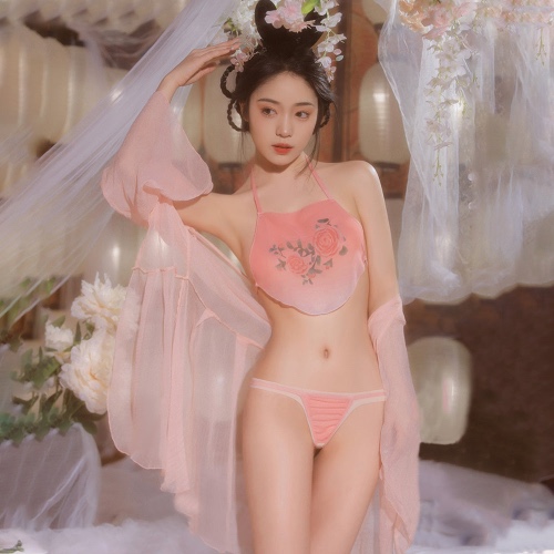 Sheer Chiffon Chinese Lingerie Set. - Pink / S