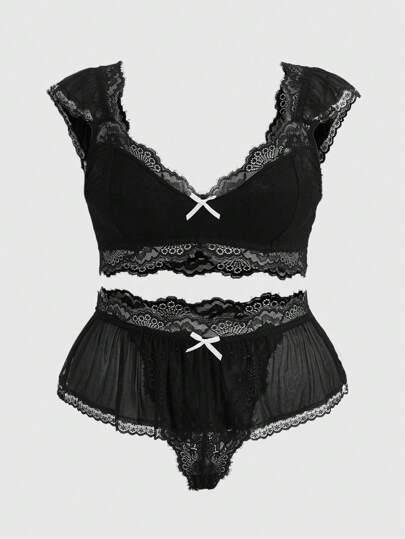 ROMWE Goth Plus Contrast Lace Bow Decor Lace Lingerie Set