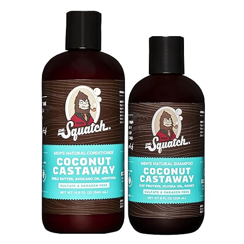Dr. Squatch Coconut Castaway Men's Shampoo + Conditioner Hair Bundle - Keeps Hair Looking Full, Healthy, Hydrated - Coconut Castaway