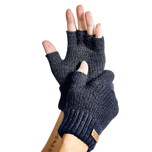 JYUYNY Fingerless Gloves for Women Men, Winter Warm Alpaca Wool Stretch Knit Adult Half Finger Glove for Typing, Driving - Blue