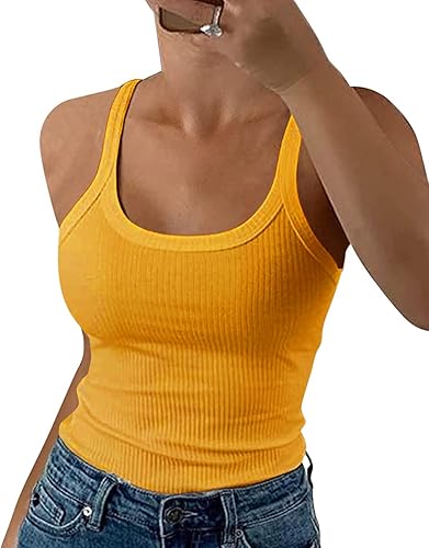 GEMBERA Women Spaghetti Strap Scoop Neck Ribbed Tank Tops Slim Fitted Cotton Camisole Basic Sleeveless Layering Shirts - X-Large - Yellow