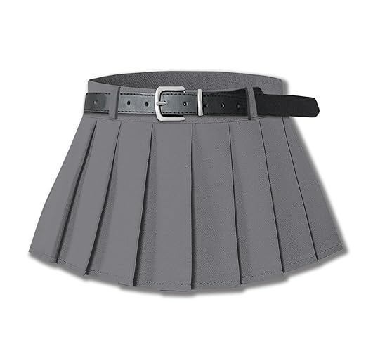 SANGTREE Women's Belted A-Line Stretchy Club Y2k Mini Pleated Skirt with Belt - Large - Grey