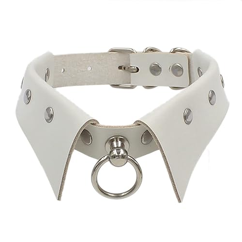 Urieo Gothic PU Leather Chokers Black Studded Collar Choker with Ring Rock Choker Necklaces Adjustable Nightclub Party for Women and Girls - White