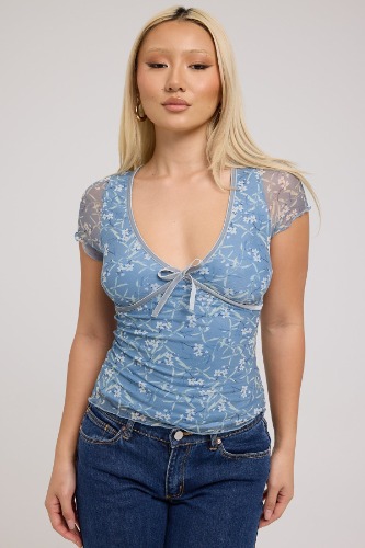 Luck & Trouble Daffodil Muse Recycled Mesh Top Blue Print | 14