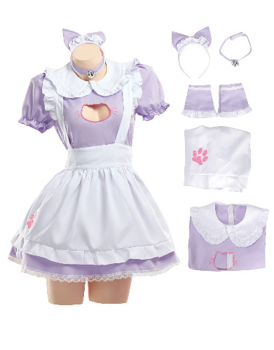 MEOWCOS Women’s Open Breasts Hollow Cat Maid Dress Home Wear Cosplay Costume with Paw Embroidery