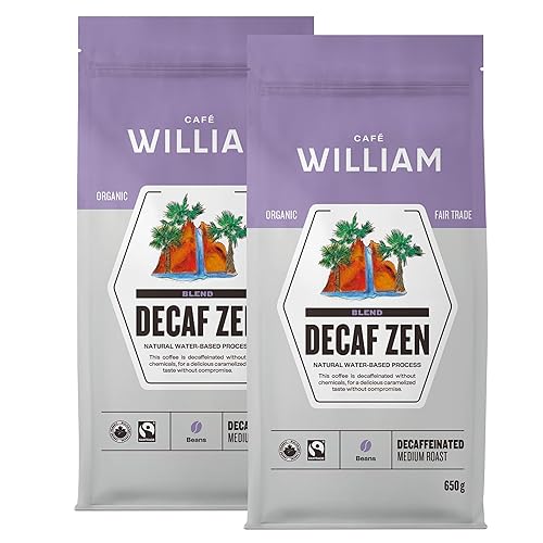 ZEN DECAF Whole Bean Organic Coffee | Medium Roast | Natural Water Decaffeinated, Specialty Grade, Espresso Machines, Grinder | Sustainably Roasted in Canada | Café William | Décaf Biologique en grains - 650 g (2 pack) - DECAF ZEN - 650 g (Pack of 2)