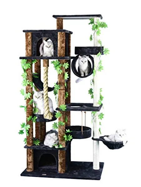 Go Pet Club 70" Jungle Forest Leaves Collection Luxury Cat Tree Condo Kitty Climber Furniture with Rope, Tunnel, and Swing, Brown/Black