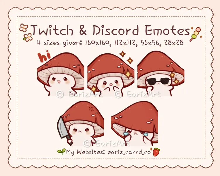 Twitch | Discord Emotes Pack (5) | Cute Mushroom Emotes