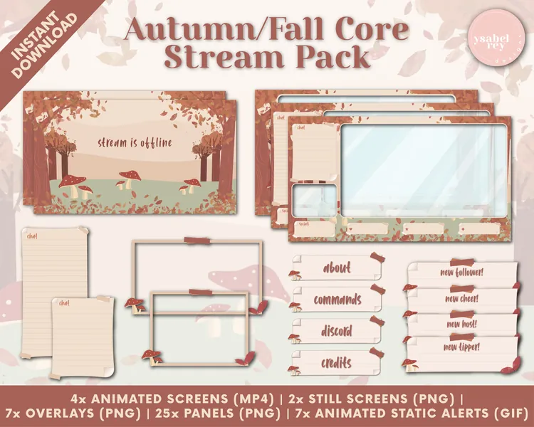 Autumn/Fall/Mushroom Core Twitch Stream Pack - Animated Screens, Overlays, Panels, Animated Static Alerts, Webcam Overlays