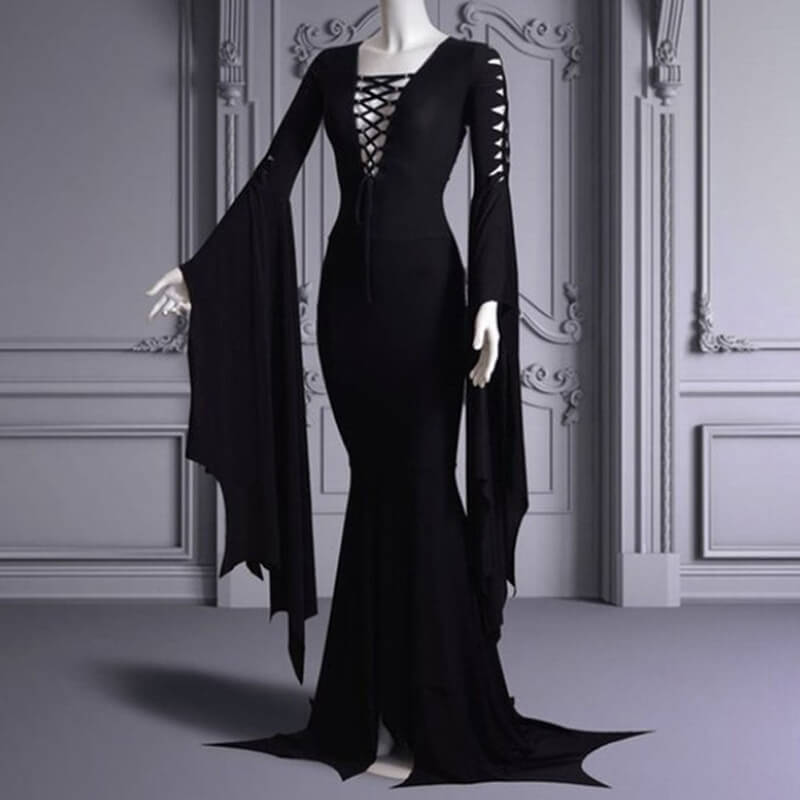 Witch Costume V-Neck Gothic Dress - Black / S (Bust 86 cm)