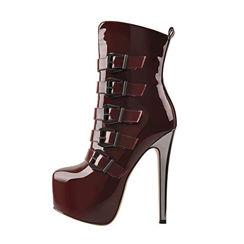 Yolkomo Women's Platform Stiletto 6in Heel Side Zip Round Toe Mid Calf Boot - 7 - Burgundy