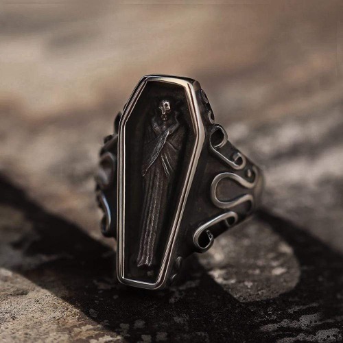 Vampire Coffin Stainless Steel Skull Ring - Black / 8