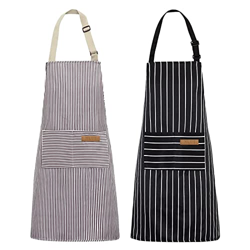 NLUS 2 Pack Kitchen Cooking Aprons, Adjustable Bib Soft Chef Apron with 2 Pockets for Men Women(Black/Brown Stripes) - Black/Brown