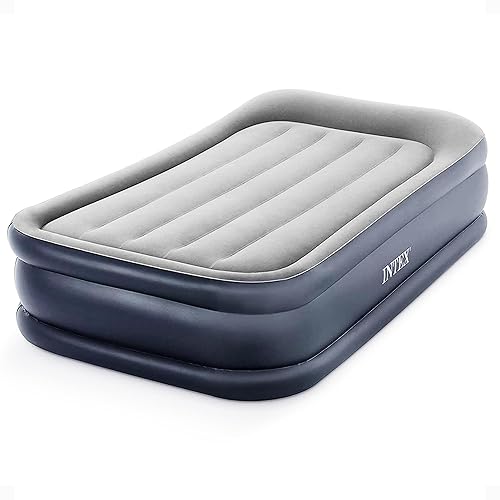 Intex 64131ED Dura-Beam Plus Deluxe Pillow Rest Air Mattress: Fiber-Tech – Twin Size – Built-in Electric Pump – 16.5in Bed Height – 300lb Weight Capacity - Twin