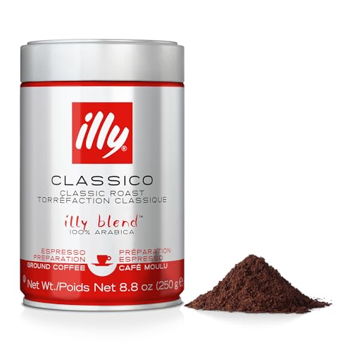 illy Ground Coffee Espresso - 100% Arabica Coffee Ground – Classico Medium Roast - Notes of Caramel, Orange Blossom & Jasmine - Rich Aromatic Profile - Precise Roast - No Preservatives – 8.8 Ounce - Classico Medium Roast Ground Espresso - 8.8 Ounce (Pack of 1)