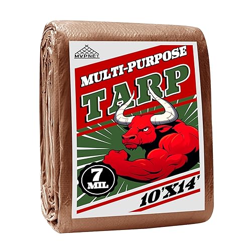 Tarp 10x14 ft 100% Waterproof 7mil Durable Grommets and Reinforced Edges,Uv Resistant,Green/Brown Tarp,Emergency Rain Shelter,Outdoor Cover and Camping Use -by MVPNET - 10x14