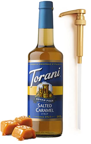 Torani Sugar Free Salted Caramel Syrup for Coffee 25.4 Ounces Salted Caramel Syrup Coffee Toppings with Fresh Finest Pump - Salted Caramel