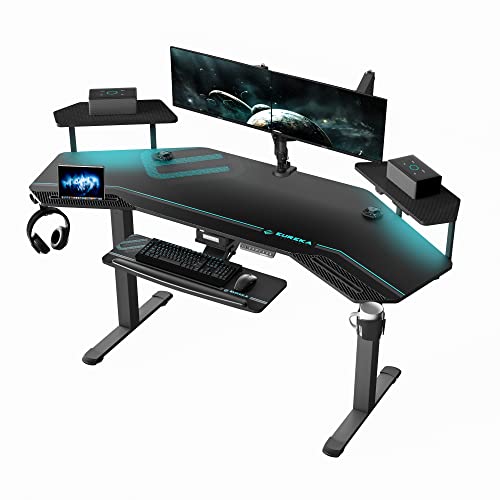 EUREKA ERGONOMIC Standing Desk with Keyboard Tray, 182.7x 76 cm Large Studio Music Desk, Height Adjustable Gaming Desk with LED Convertible Shelves, Electric Dual Motor, Slot Design - Black