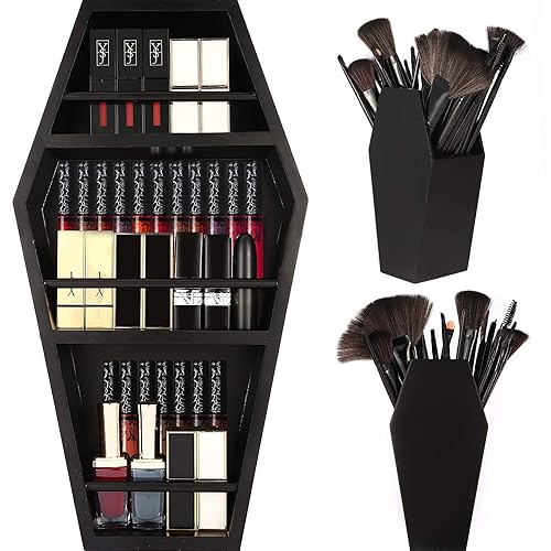 nanayo Makeup Coffin Shelf and Coffin Brush Holder – 3 Shelf Coffin Makeup Holder for Gothic Decor – Free Standing or Wall Hanging Makeup Organizer Spooky Coffin Decor for Bedroom or Bathroom