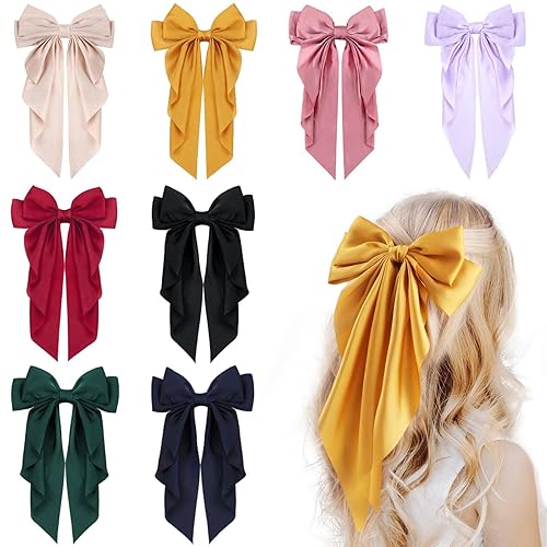 VOBOBE Hair Bow Clip, 8Pcs Big Satin Layered Hair Accessories for Women Girls, 8 Inch Barrette Hair Clip, Long Black Ribbon Bows, French Style, 8 Count - Big bow style