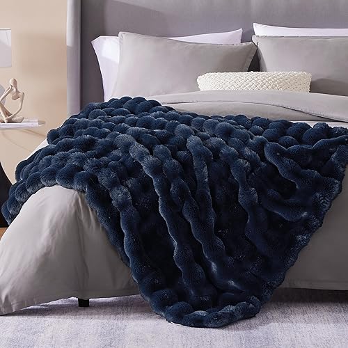 Luxury Soft Fuzzy Faux Fur Throw Blanket for Couch, Decorative Accent Plush Fluffy Blanket with Cute Bubble, Solid Comfy Fleece Furry Blanket, Reversible Thick Warm Blanket for Winter, Blue - Blue - Throw-50" x 60"