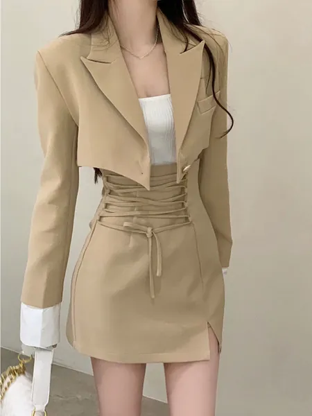 Y2K Style Two Piece Suit Dress | Light Academia Vintage Mini Skirt and Crop Blazer Jacket | Office Wear | Korean Fashion