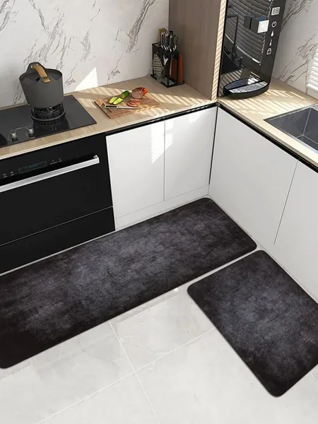 1pc Plain Kitchen Rug, Grey Polyester Floor Mat For Kitchen