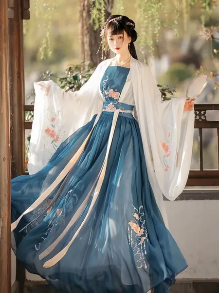 Blue Embroidery Hanfu Dress, Handmade