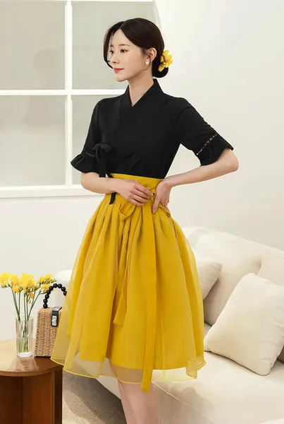 Modern Hanbok Jeogori Top Black + Yellow Skirt