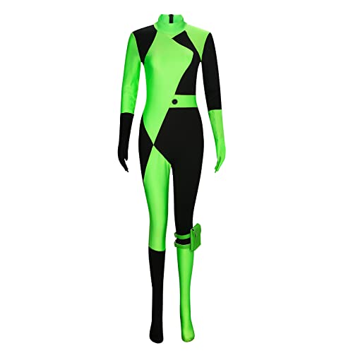 Funhoo Womens Shego Cosplay Costume Bodysuit Jumpsuit with Gloves Leg Pouch Green and Black Outfit for Halloween Party Carnival - L
