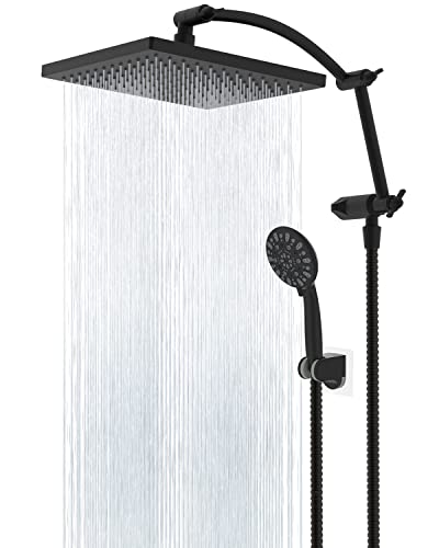 Hibbent Thickness 10'' Rain Shower Head, High Pressure Handheld Spray, Showerhead Combo with 16'' Adjustable Arc Shower Extension Arm, 7 Settings, 71'' Hose, Adhesive Shower Holder, Matte Black - Square-10 Inch - Matte Black